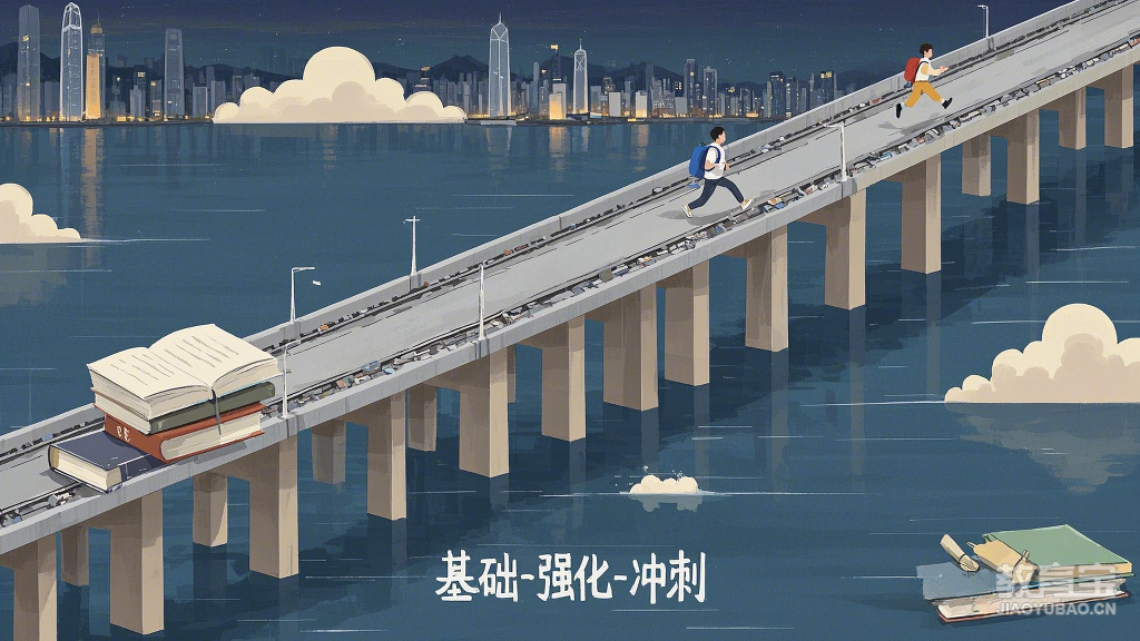 双轨桥梁 _蓝天白云下，一座桥梁左端连接内地课本堆，右端连接香港维港夜景，桥上学生背着书包奔跑，桥梁分为‘基础-强化-冲刺’三段，扁平插画风，莫兰迪色系_.png